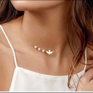Gold Pearl Dove Dainty Charm Necklace